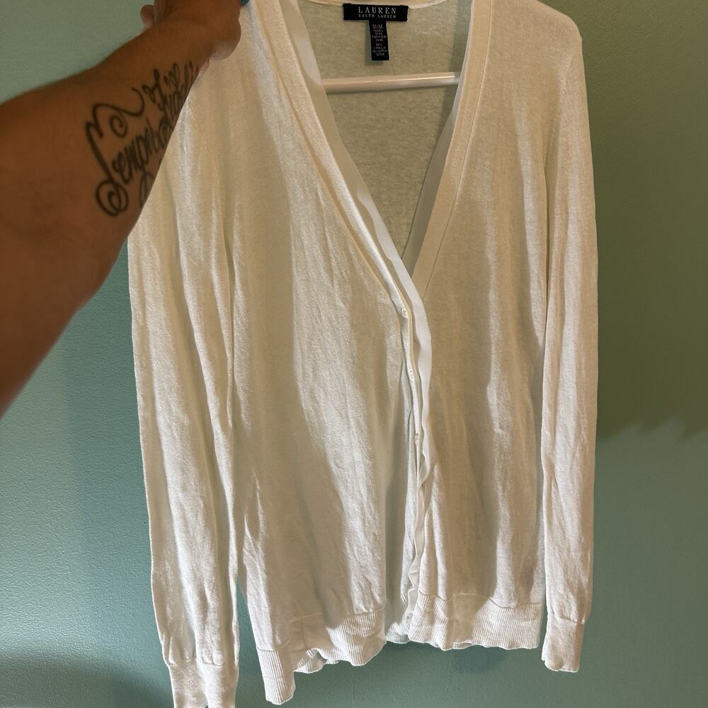 Lauren Ralph Lauren Cardigan Linen Blend Sweater Women Medium M White Button - Picture 12 of 13
